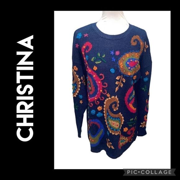 Christina Navy Blue with Bright Colored Paisley Pattern Crewneck Long Sleeve Han - Picture 1 of 15